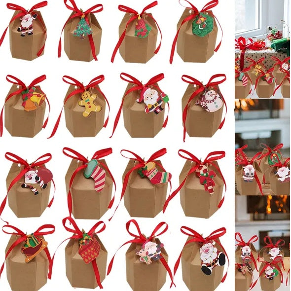 24 Pcs Christmas Gift Boxes With Ribbon And Cards Cartoon Santa Claus Reindeer Snowman Pattern Box Paper Cookies Candy Treat Boxes For Christmas Party Favor Supplies